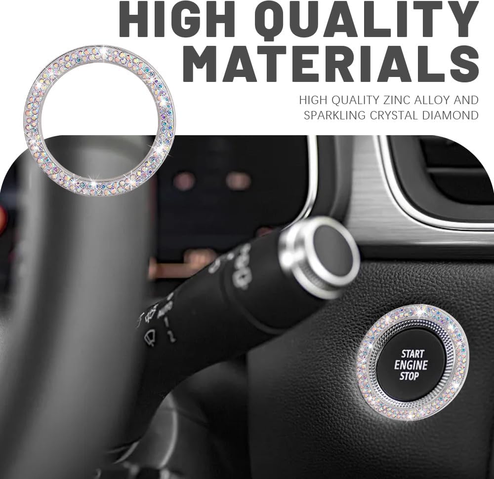 Bling Crystal Double Rhinestone Car Engine Start Stop Decoration Ring, Sparkling Push Start Button Sticker, Key Ignition & Knob Ring Decoration, Universal Car Interior Accessories for Women image 4