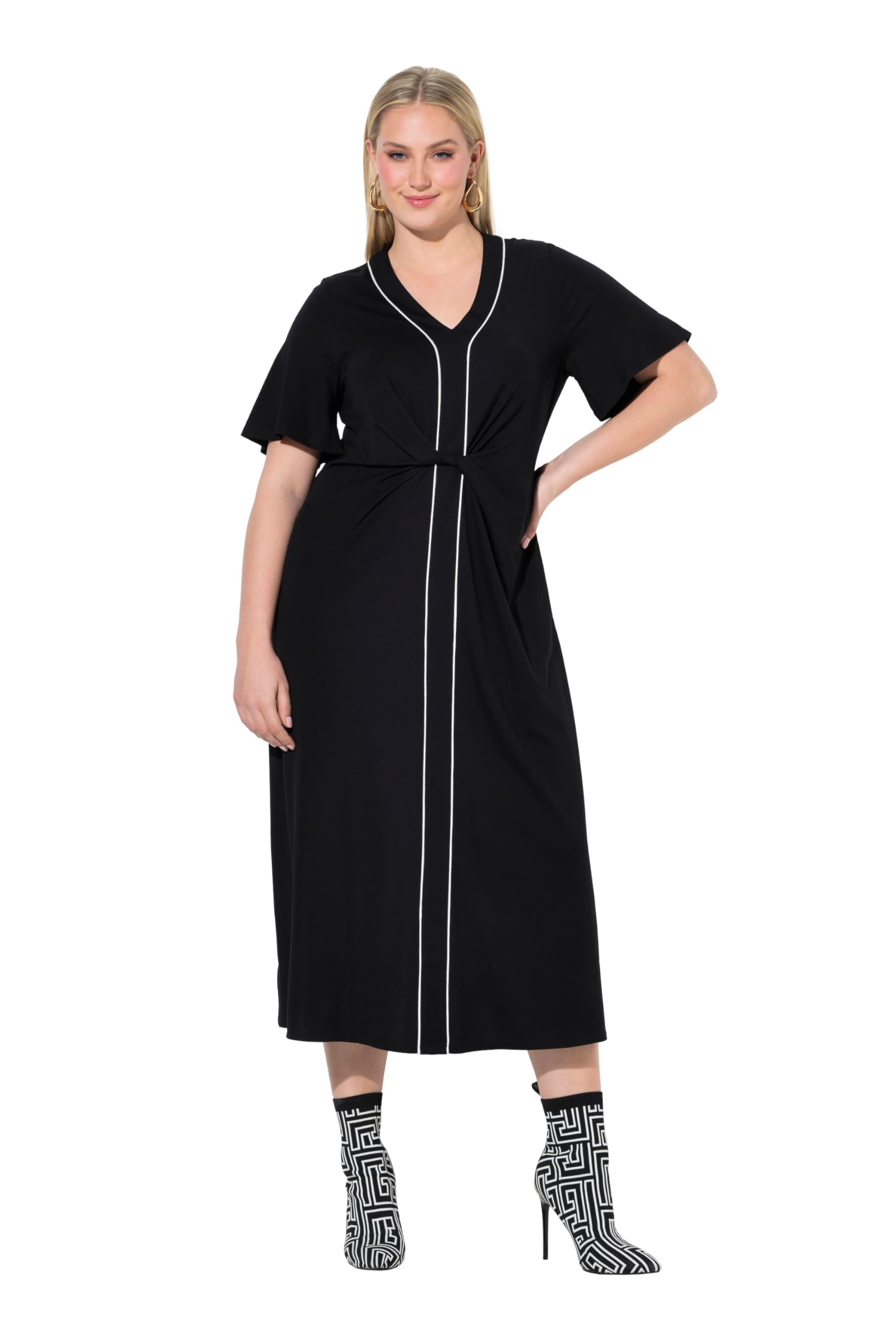 Ulla Popken Damen große Größen Übergrößen Plus Size Maxikleid, Piping, A-Linie, V-Ausschnitt, Glocken-Halbarm 849762