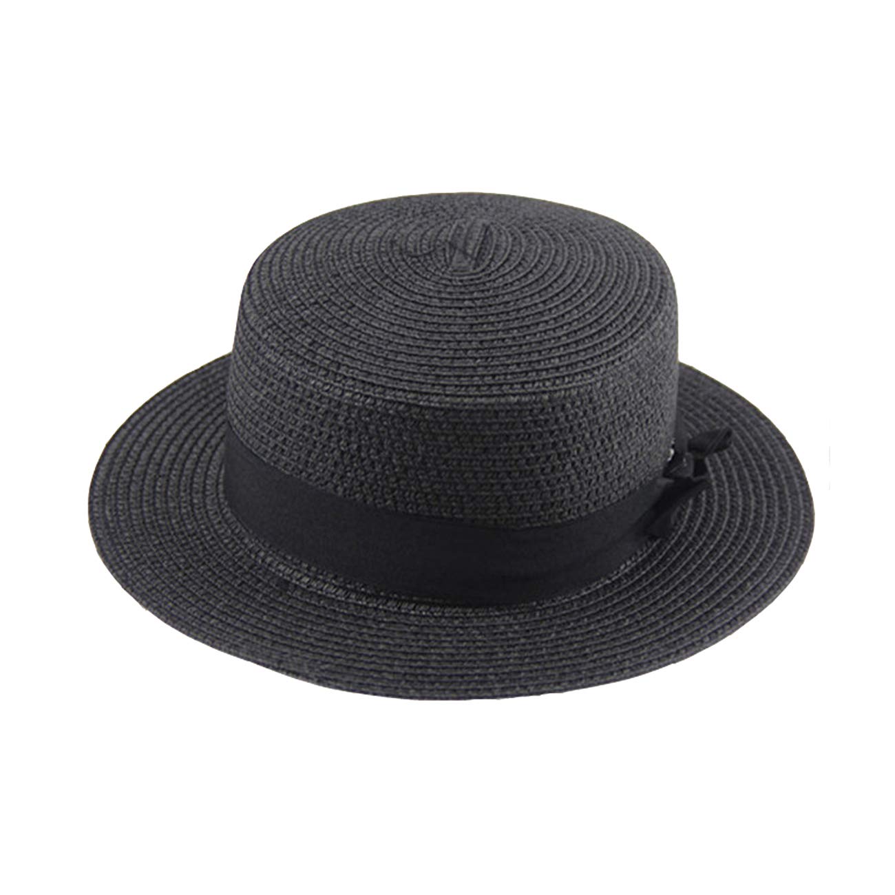 ACVIP Women's Solid Color Straw Boater Hat with Bow Band (Black)