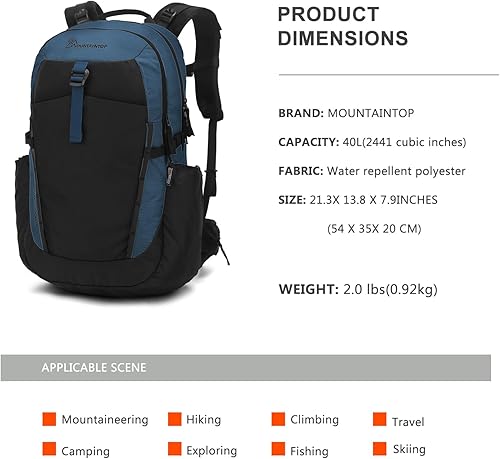 Miniatura 2 de MOUNTAINTOP Mochila de senderismo de 40L Mochila ligera para acampar con correa de cintura y cremalleras YKK, Negro&azul, Mochilas Daypack