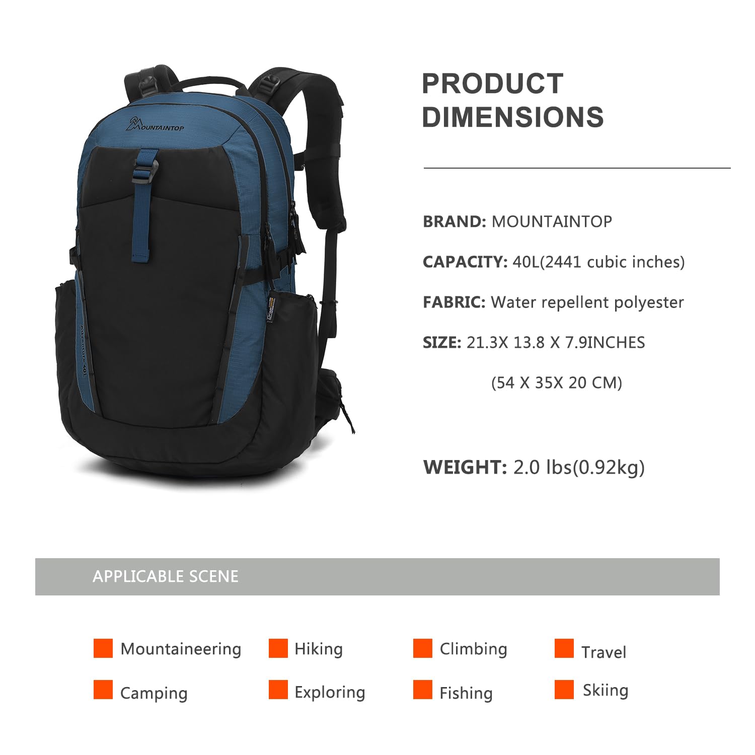 MOUNTAINTOP Mochila 40L Trekking Hombre Mujer Funda Lluvia Camping | Perfecta para senderismo montaña y viajes cortos, cremalleras YKK duraderas, espalda ventilada acolchada