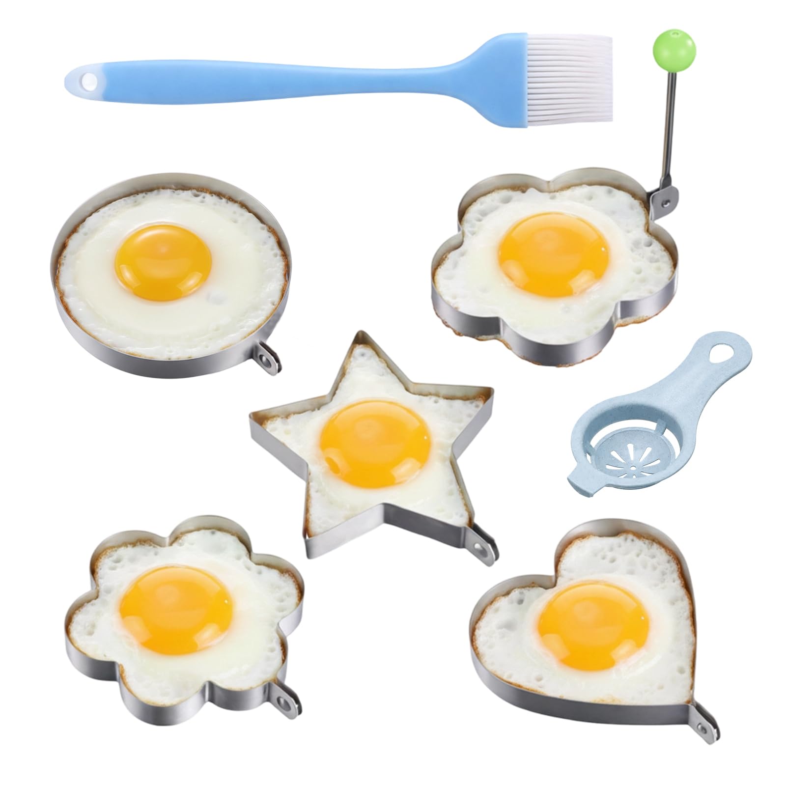 Pancake Pan and Egg Rings Set, 7-Piece Frying Kit with Pancake Mould and Egg Mould for Fried Eggs, Silver and Blue Design for Kitchen Use, Durable Non-Stick Cooking Rings