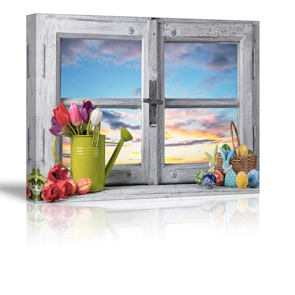 DFZEWKI Canvas Print of Beautiful Wooden Windows, Tulips Flower Picture Drawing for Bedroom, Living Room(40x50cm(16x20in)/No frame)