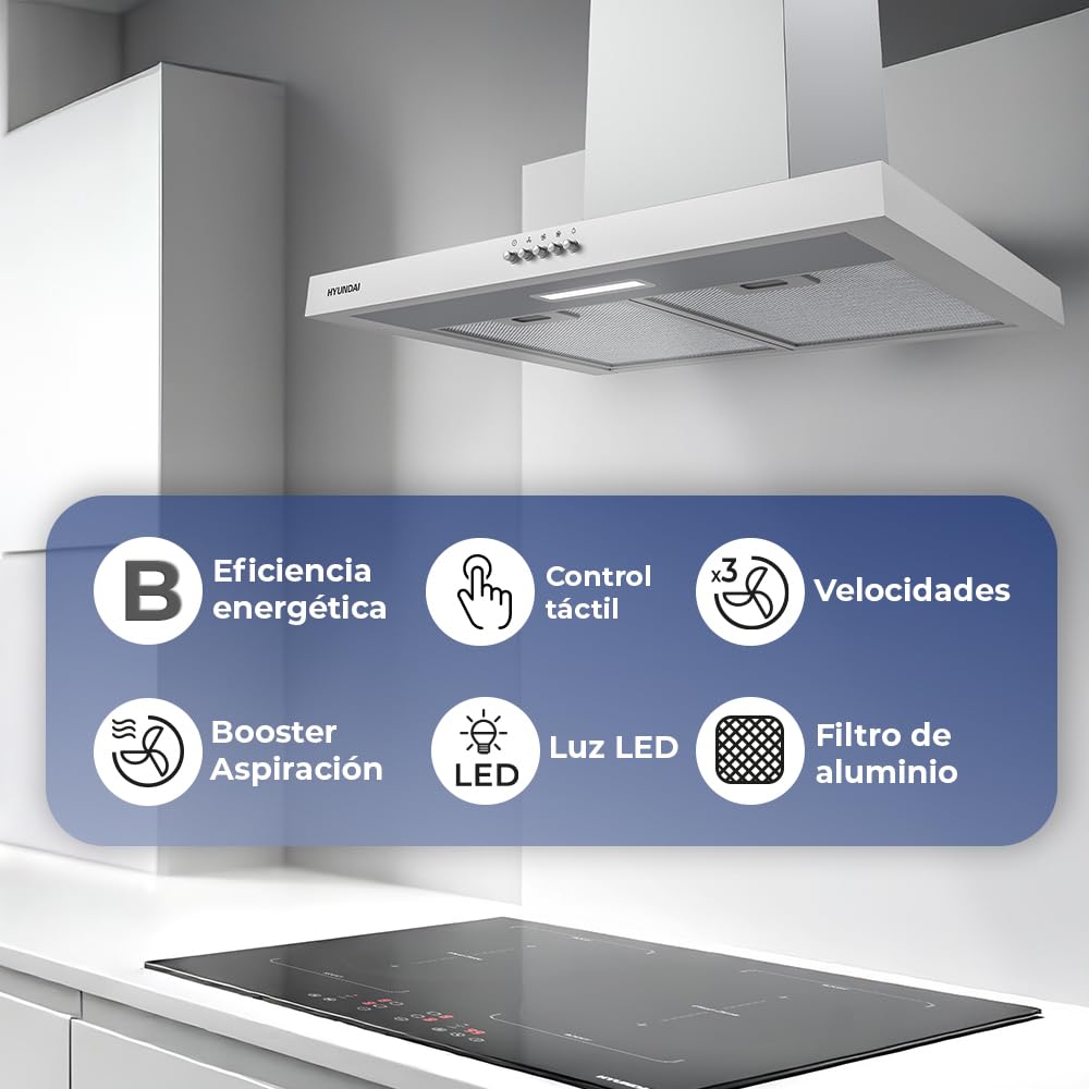 Hyundai Campana Extractora Tipo T 60cm Inox HCPT600BX. Potencia 66,5m3/h, Tiro Doble, 3 Velocidades, Control Manual, Filtro apto para Lavavajillas.
