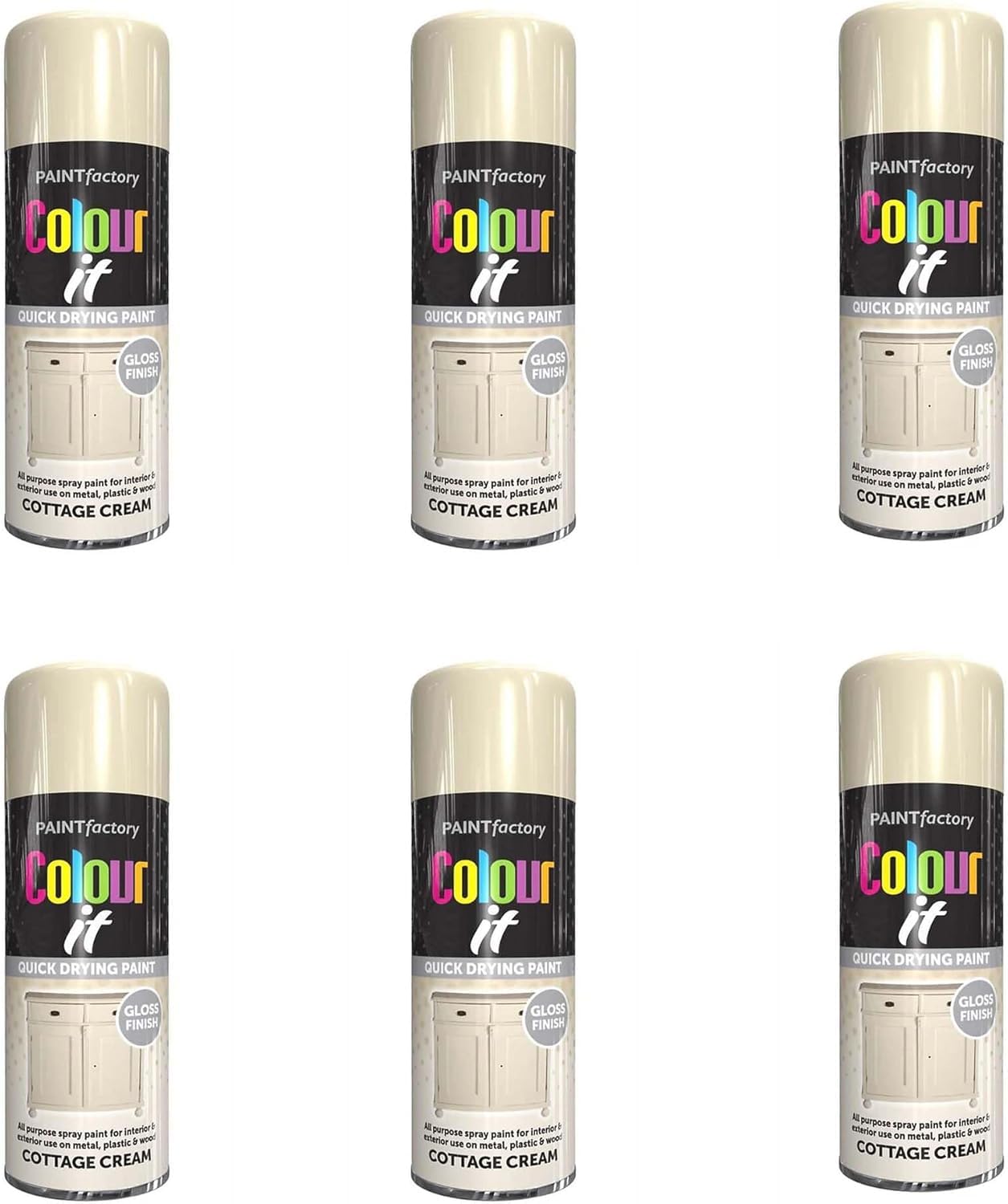 Colour It Cottage Cream Quick Drying Paint, Multi-Surface, Gloss Finish, Smooth Coverage, Durable, Rust-Resistant, Long-Lasting, Ideal for Doors, Gates, Railings & Furniture, 400ml (Pack of 6)