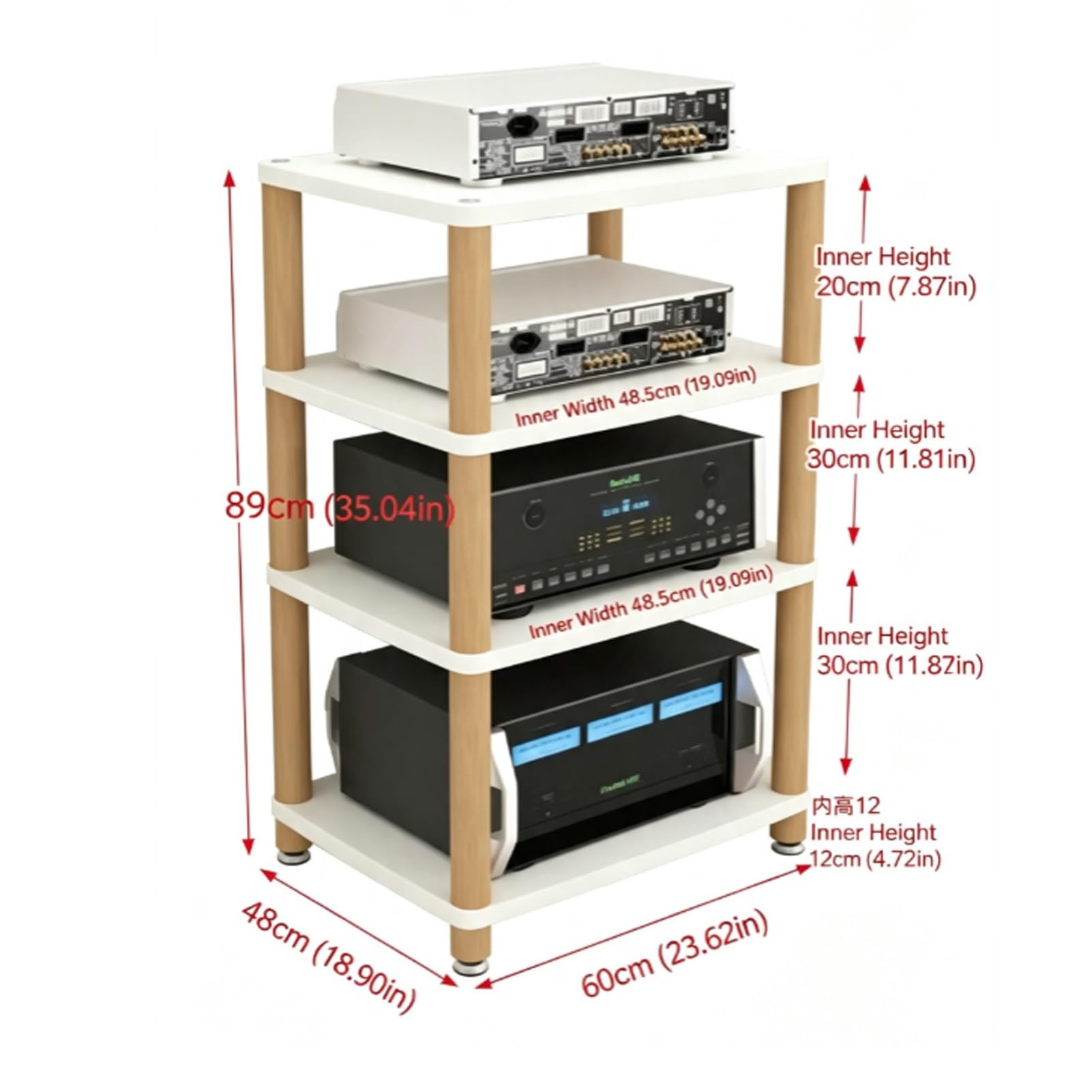 Wytrzymały Stojak Pionowy na Sprzęt AV, Pionowy Regał HiFi Cztery Poziomy | PółKa na SprzęT do Konsoli do Gier Telewizyjnych, Gramofon cd Szafka na Komponenty Stereo(White)