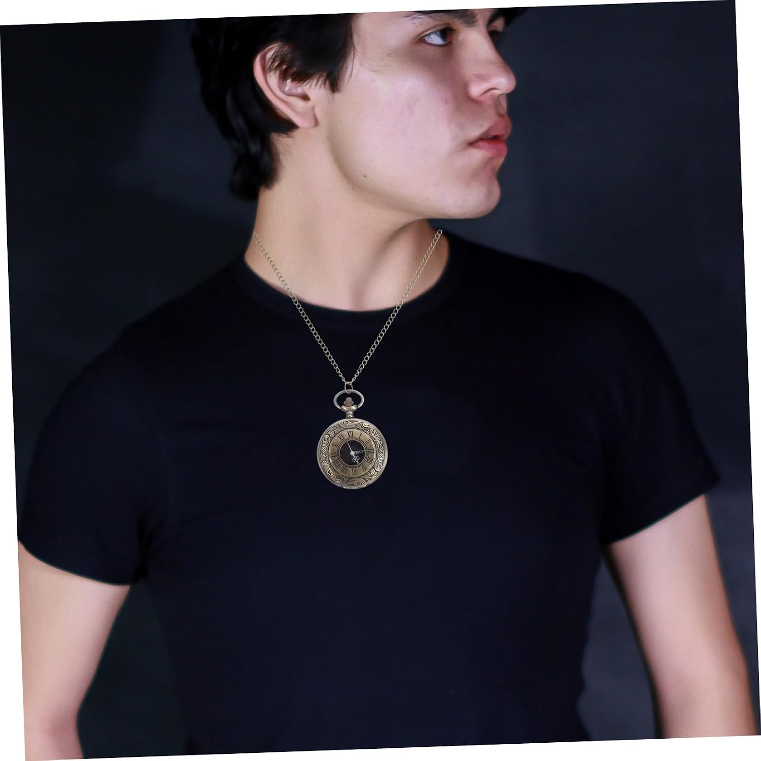 Vintage Pocket Watch with Chain, Large Alloy Dual Display Brown