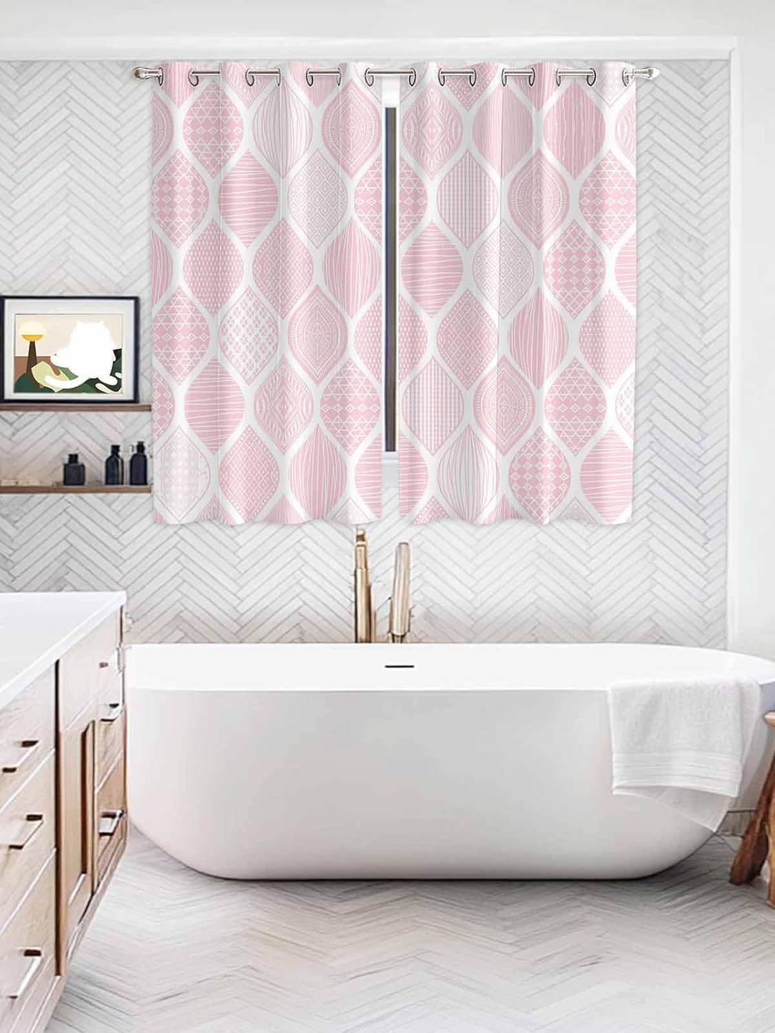 Grommet Top Window Curtains, Geometric Pink Texture Durable Light Blocking Windows Drapes for Kitchen/Bedroom/Living Room, Window Treatments Curtain Set of 2 Panels 52x84 in