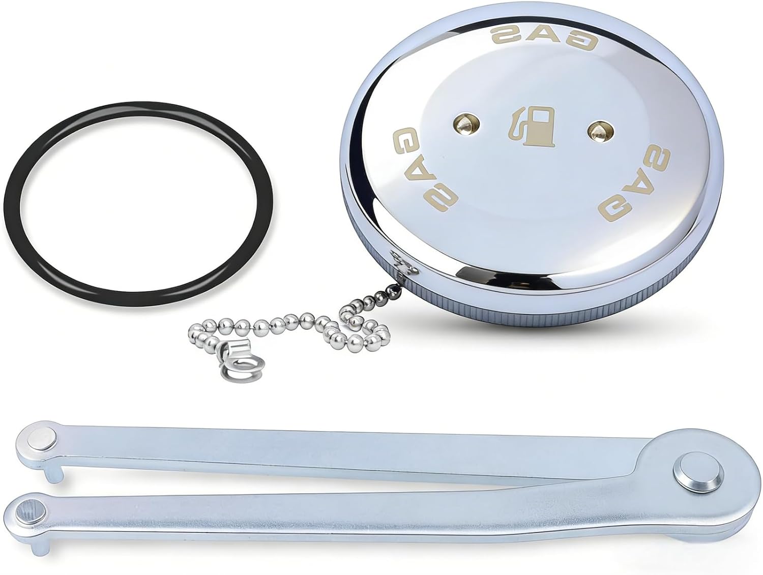 0540DPG99A Replacement Boat Gas Cap, Boat Ventilation Fuel Cap for Perko 1-1/2" Angled Neck Vented Fuel Fills, Chrome Plated Bronze with Chain, O-Ring & Wrench