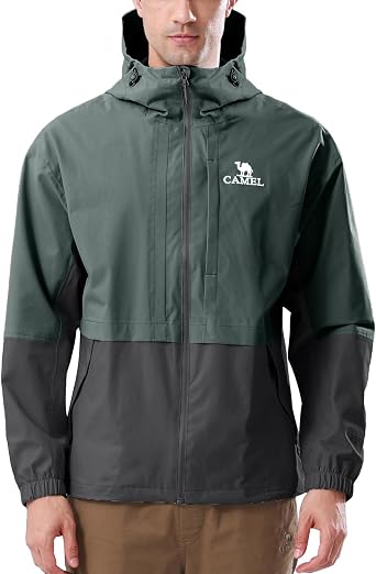 سترة مطر للرجال من CAMEL - سترة خفيفة الوزن مقاومة للماء والرياح من Softshell للمشي لمسافات طويلة والسفر مع غطاء للرأس