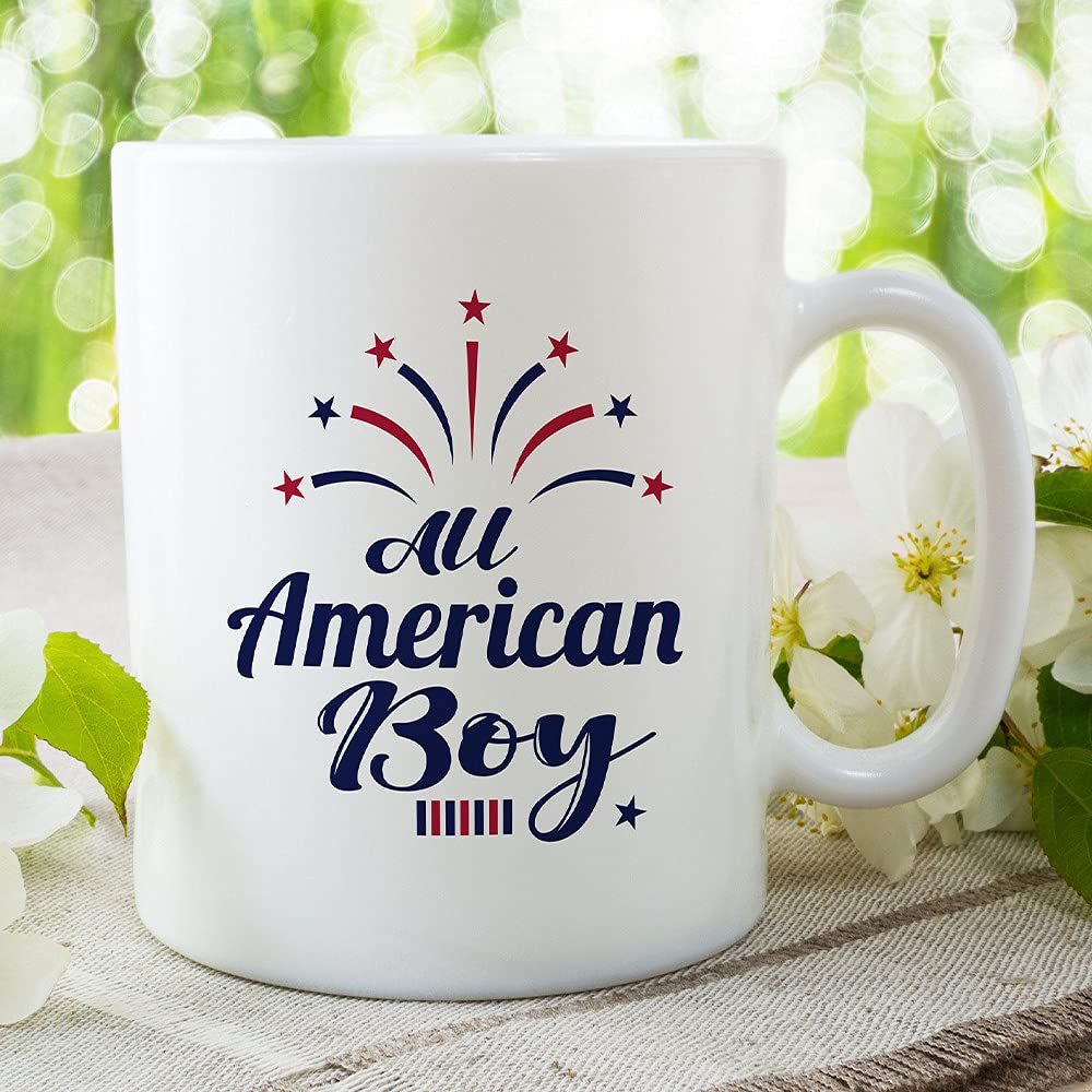 SNV All American Boy Mug, Happy 4th of July Mug, Independence Day, Patriotic Mug, Veteran Gift, USA Coffee Mug, American Independence Day, Fourth of July Mug, White Mug 11 OZ