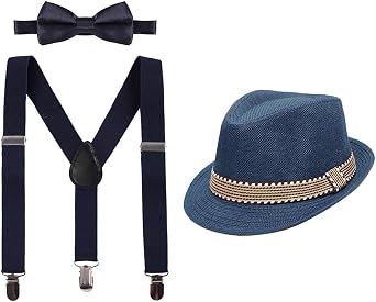FYMNSI Kid Y-Back Adjustable Brace Suspender Pre-Tied Bowtie Short Trim Fedora Hat 3PCS Outfit for Boys/Girls 2-6T
