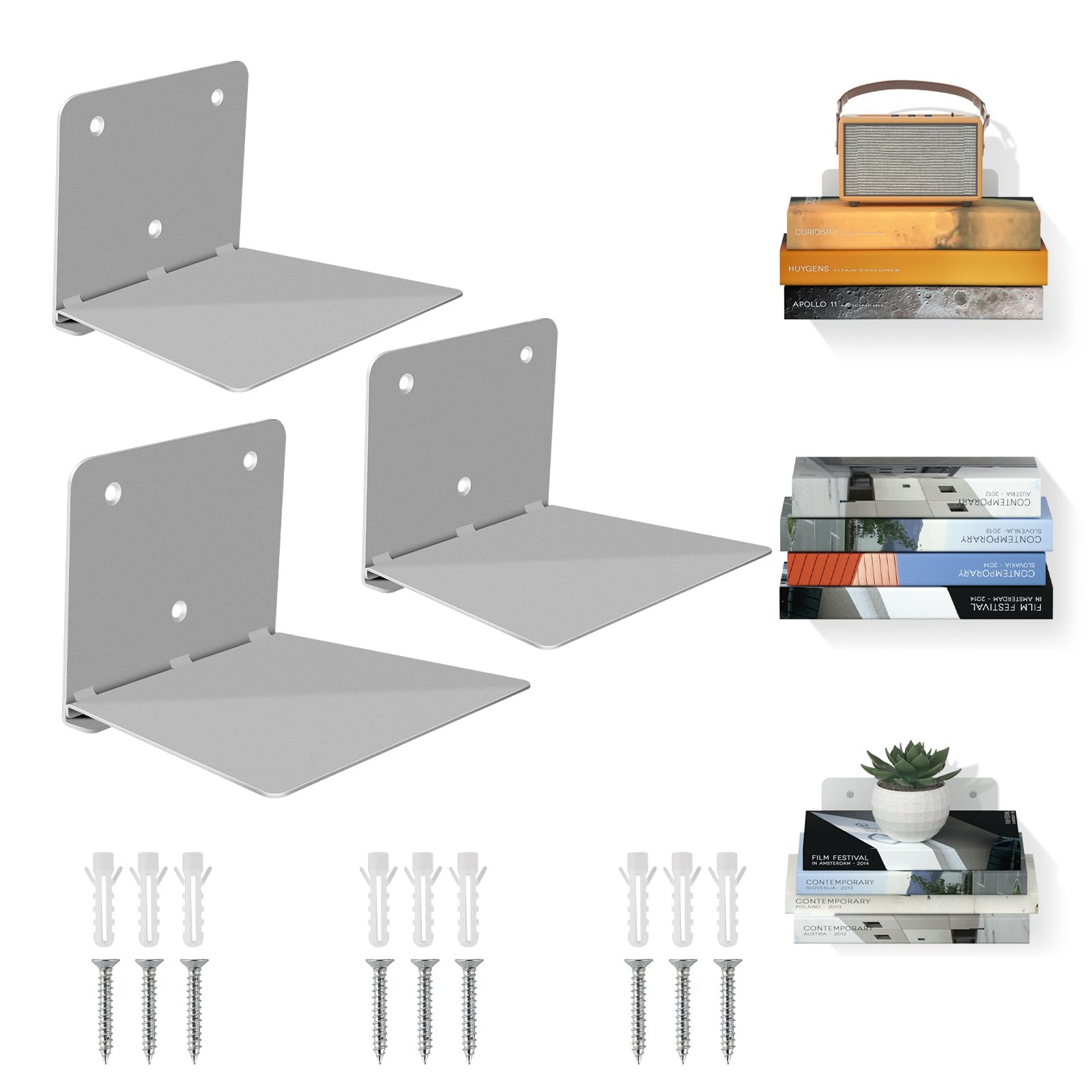 FENTEC Estantes de Libros Flotantes para Pared, Estantes de Libros Invisibles de Alta Resistencia, Estante de Libros de Metal Oculto para Decoración de Dormitorios y Oficinas, Juego de 3, Gris