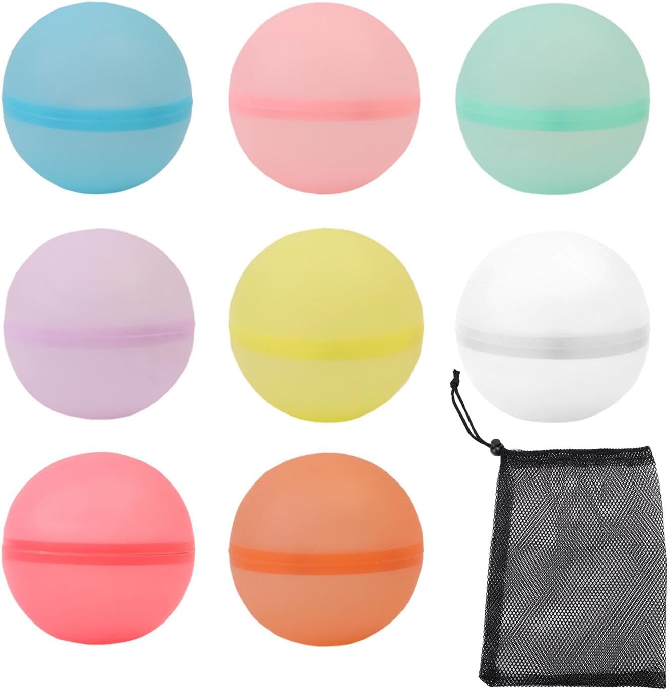8 PCS Reusable Water Balloons with Mesh Storage Bag, Refillable Magnetic Balls for Outdoor Games, Self Sealing Water Splash Bomb Quick Fill for Summer Fun (Colorful, 6x6x6cm)