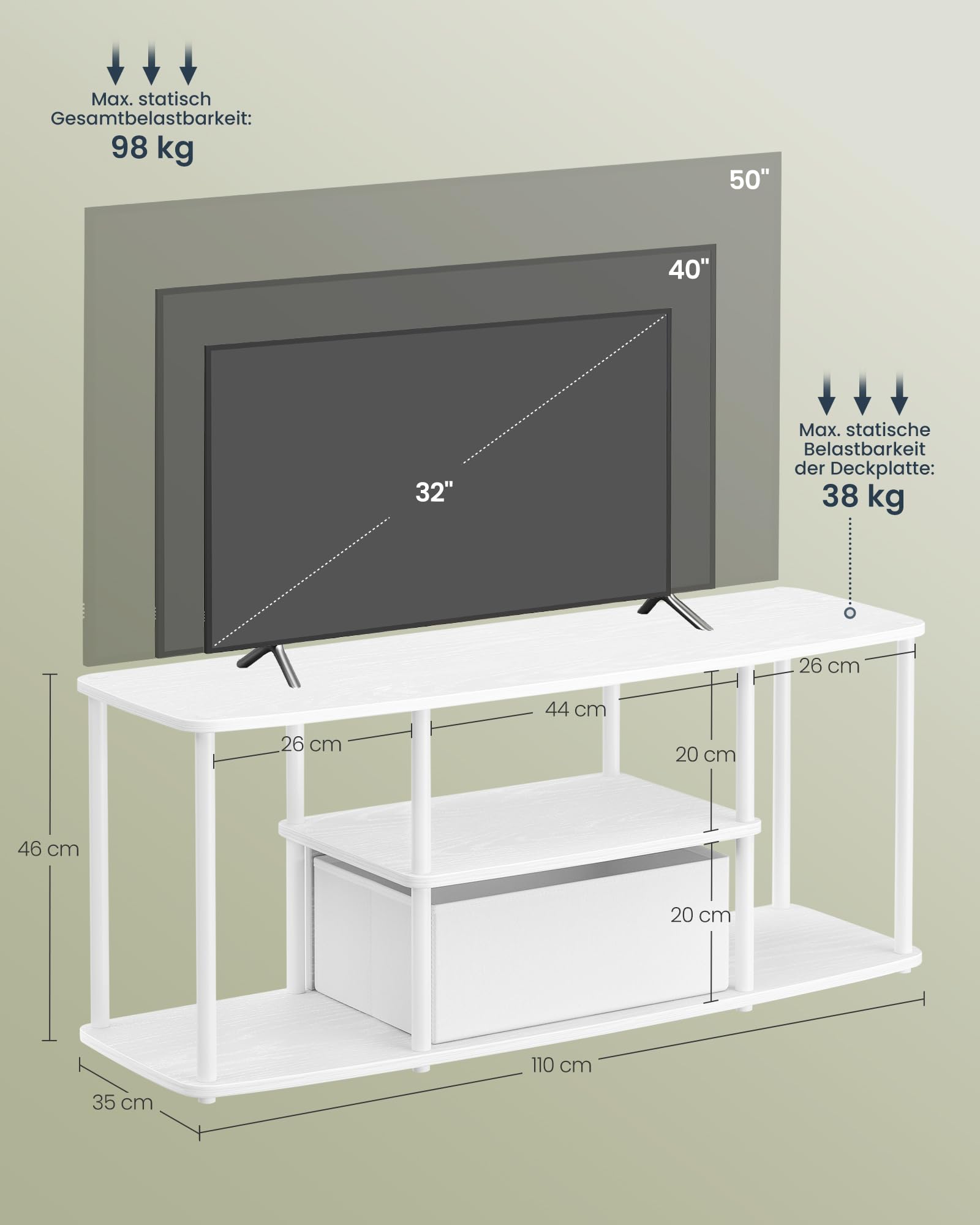 SONGMICS HOME Superschnelle werkzeuglose Montage, TV-Schrank für Fernseher bis zu 50 Zoll, Fernsehtisch, Lowboard, Wohnzimmer, 110 x 35 x 46 cm, Regal, schneeweiß-mattweiß LTV500W01