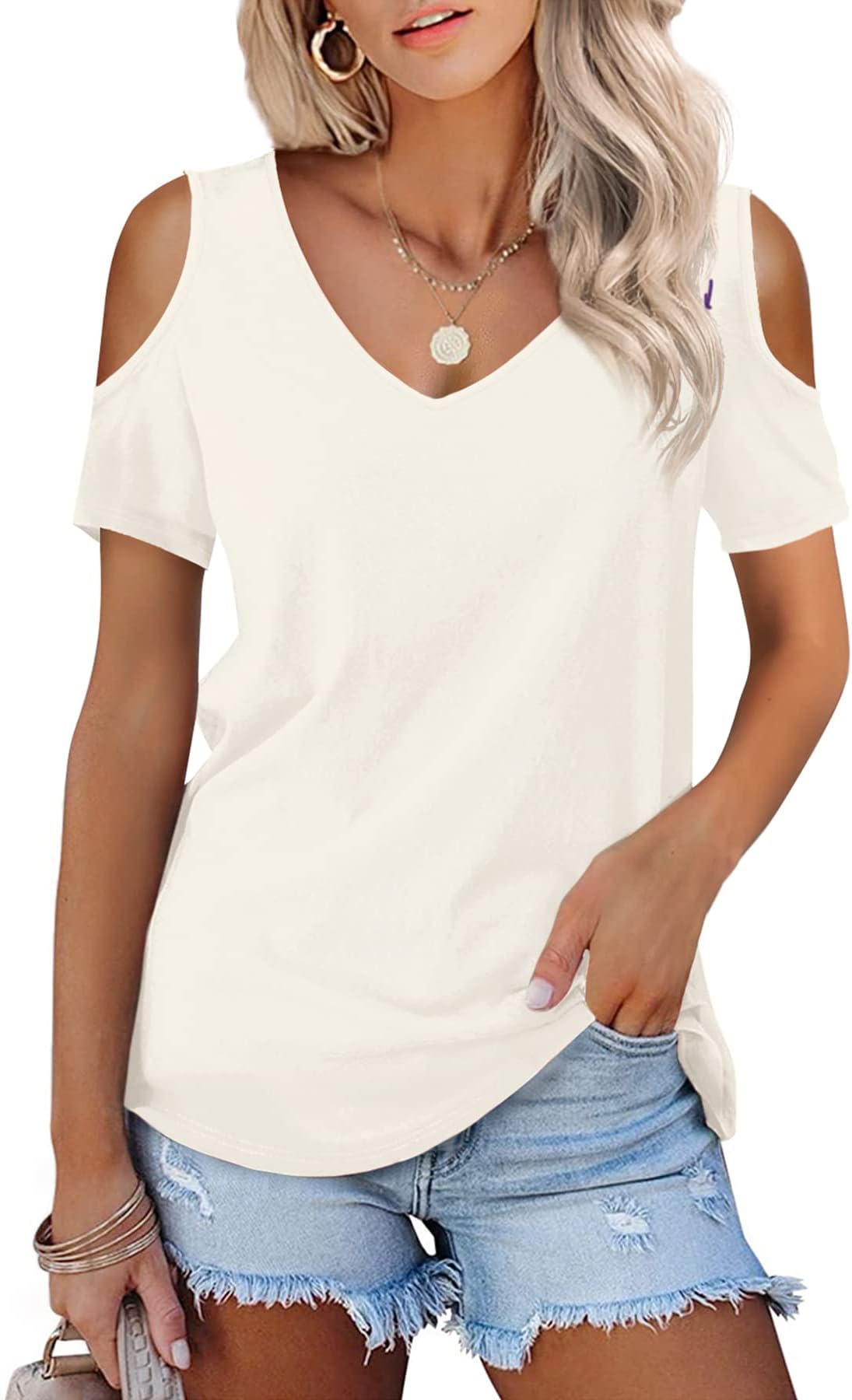 Womens Summer Short Sleeve Tops Elegant Casual Cold Shoulder Blouse