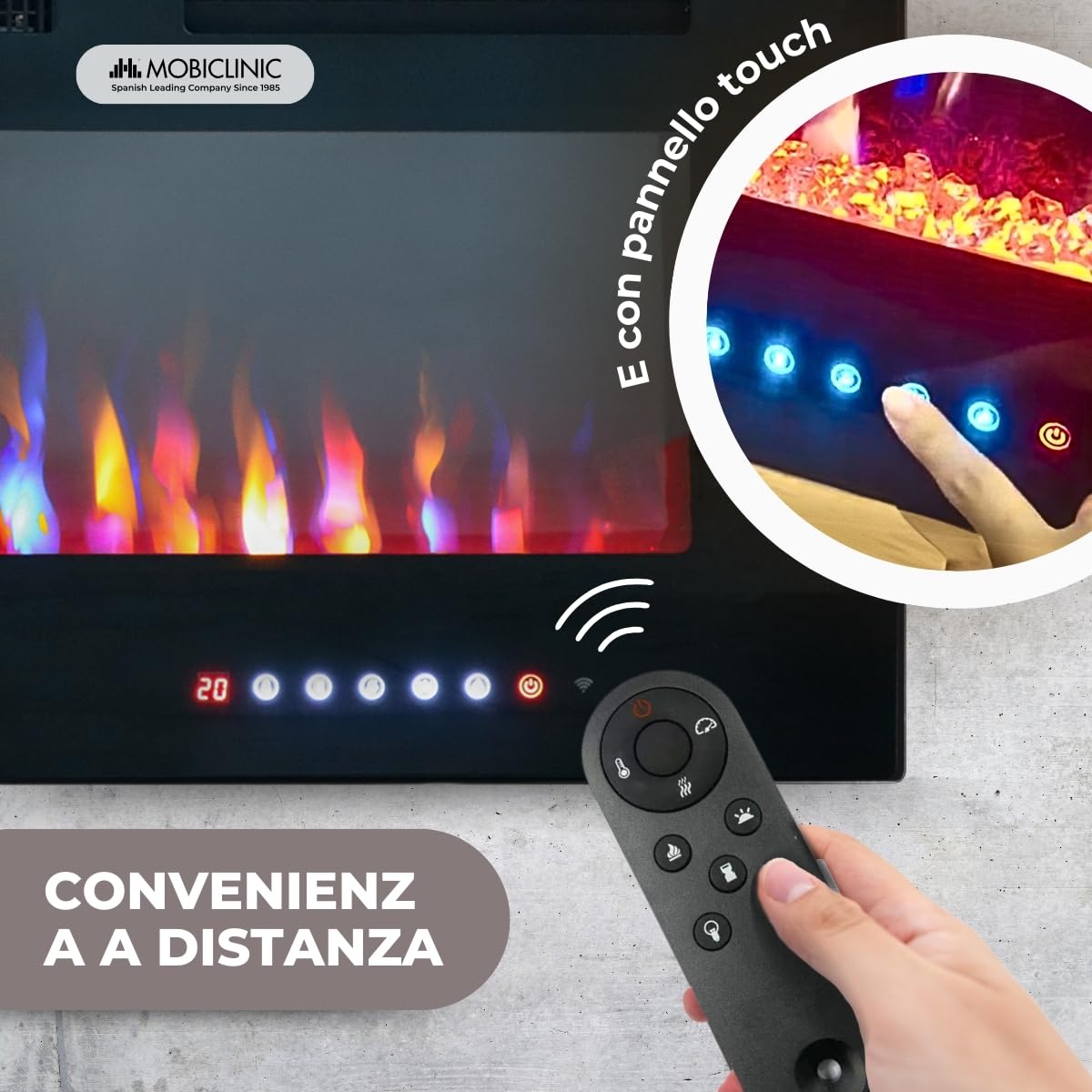 Mobiclinic®, Camino elettrico da parete, 900/1800w, Telecomando e funzione wifi app, Protezione contro il surriscaldamento, 15 colori variabili, Timer, Fury, Per ambienti a partire 25 m2