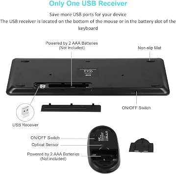 Wireless Keyboard and Mouse Combo, CHUYI Full-Size Cordless Keyboard and Silent Mouse with 3 DPI for Mac, Windows 7/8/10, MacBook, iMac, PC, Computer, Desktop, Notebook, Laptop (Black)