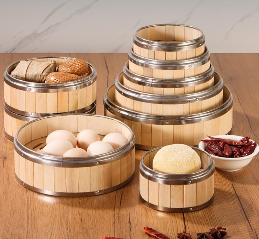 Luminexia Cesta de Vapor de bambú,2 Niveles con Tapa Steam Cooker,Olla vaporera de bambú Cocinar al Vapor con Bandas de Acero Inoxidable - para arroz,Dim Sum,Verduras,Carne y Pescado (8 tamaños)
