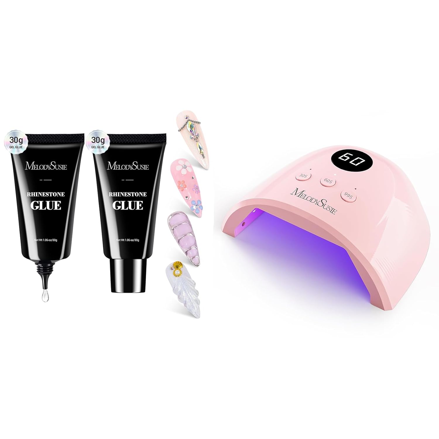 MelodySusie UV Nail Lamp, Plus30F UV Light for Gel Nails LED Nail Dryer with 3 Timer and Nail Rhinestone Glue for Nails 60g