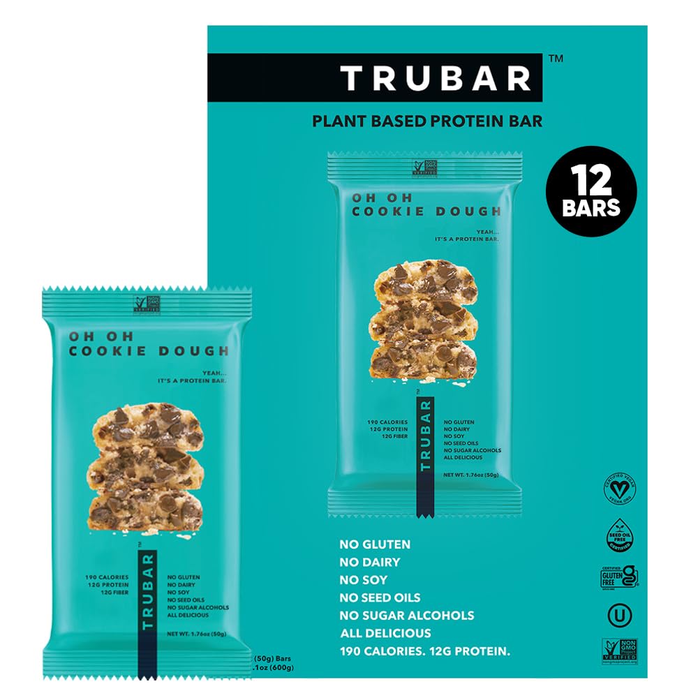 TRUBAR Vegan Protein Bar, Oh Oh Cookie Dough, Gluten Free, Plant Based Protein, Dairy Free, Non GMO, Soy Free, No Sugar Alcohols, 12G Protein, 13G Fiber, Healthy on the Go Snack Bars, 12 CT