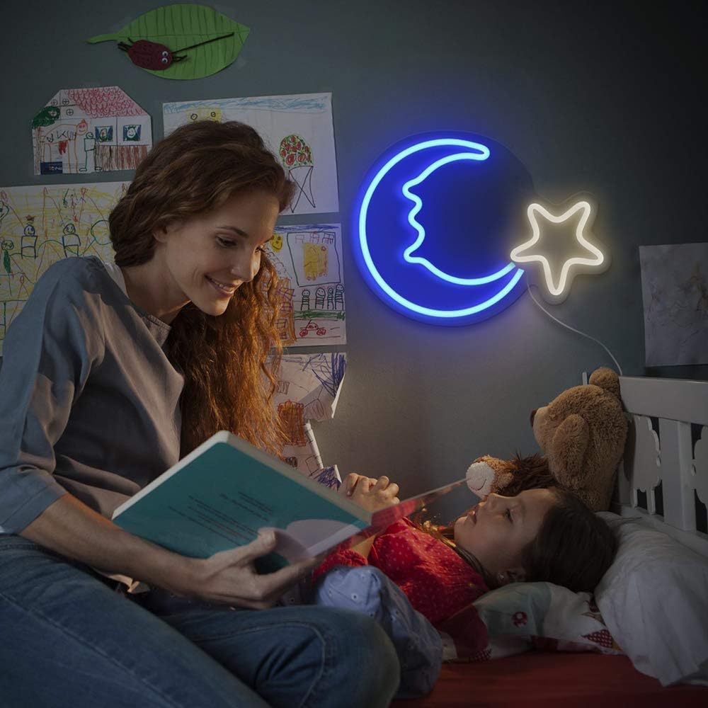 OYE HOYE Moon Star Neon Sign, LED Neon Light with Clear Acrylic Backboard, USB Powered Wall Decor for Bedroom, Kids Room, Living Room, Aesthetic Birthday Gift, Christmas Party