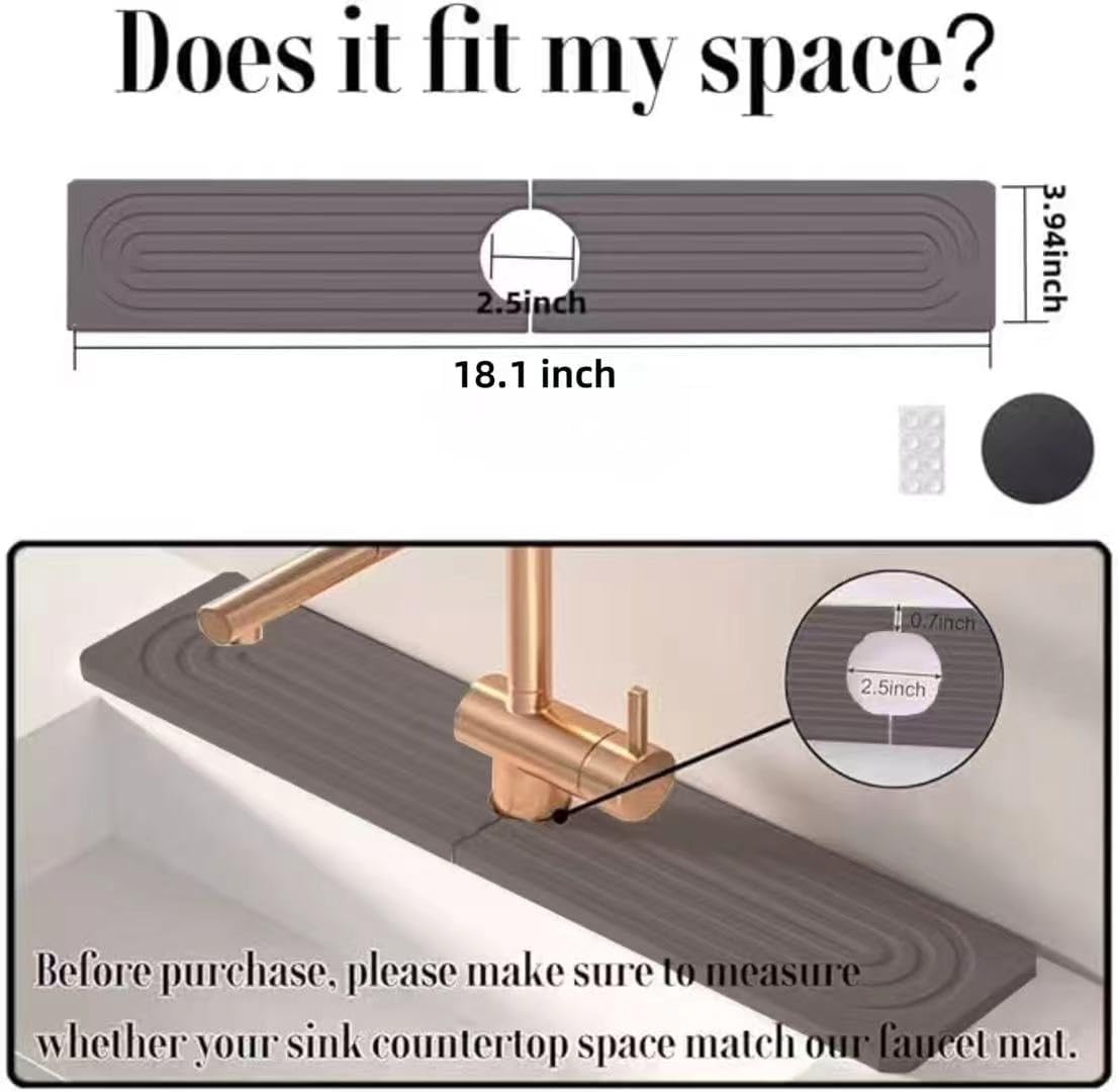 Quick Drying Stone Faucet Mat for Kitchen Sink, 18.1'' Long Diatomite Sink Tray, Faucet Splash Guard for Kitchen,Bathroom Counter, Prevents Moisture, Super Absorbent, White (Dark grey)