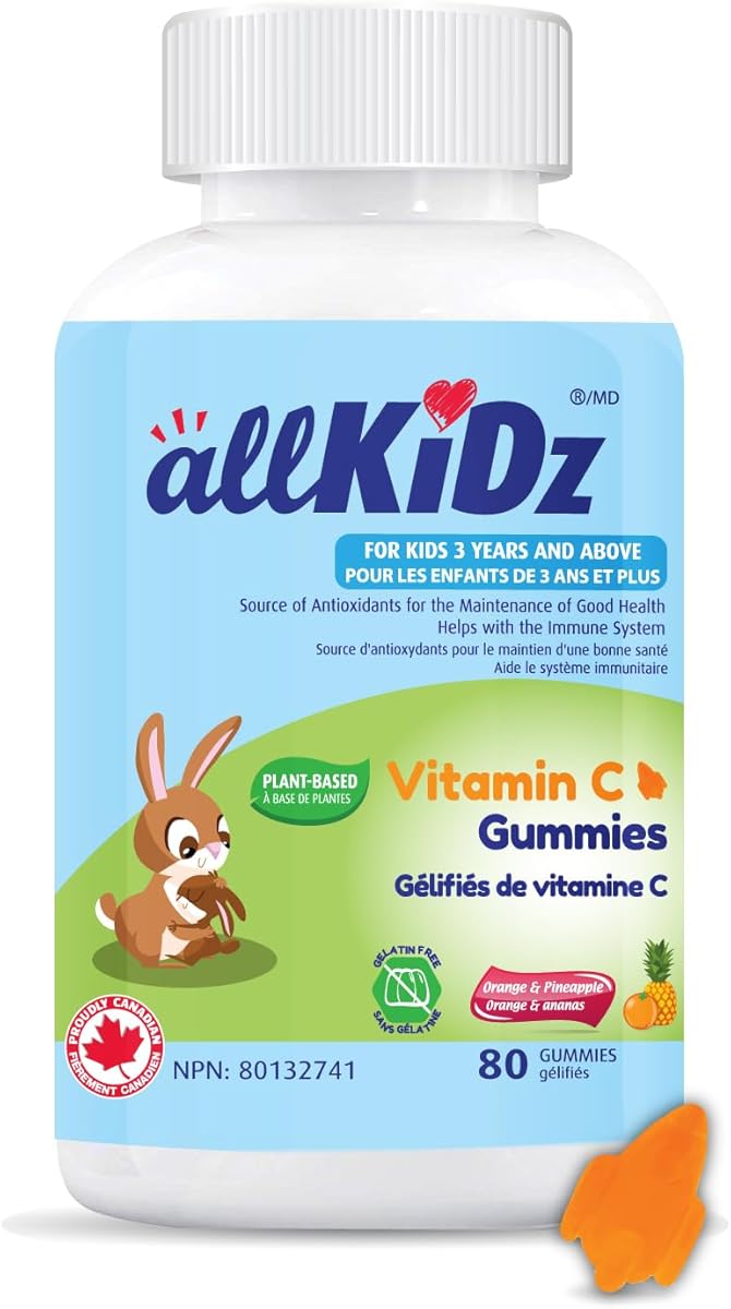allKiDz allKiDz Vitamin C Gummies for Kids Children 150mg, Made in Canada, Immune Booster Antioxidant Bones Teeth Supplement, Vegan Pectin Plant-based, Great Tasting Rocket-shaped Gummies, Orange Pineapple Flavour, 80 Count