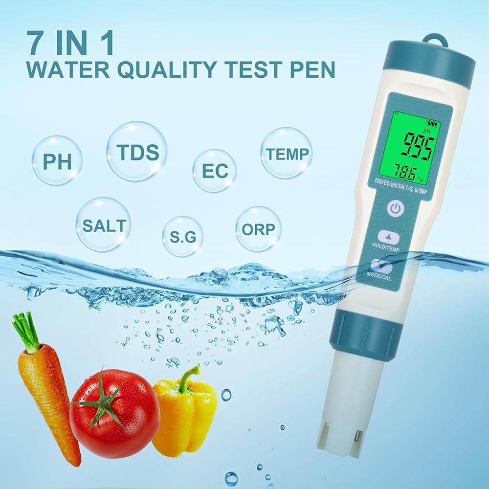 Medidor De Calidad del Agua TDS, 7 En 1 PH TDS Temperatura EC Salinidad SG ORP Medición, Garantiza Una Calidad del Agua Saludable, Pantalla LCD con Retroiluminación, para Piscinas