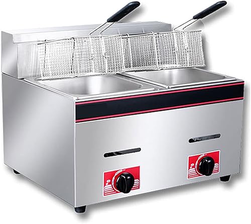 Wgwioo Freidora de gas de doble cilindro, freidora de gas comercial de encimera, freidora de gas profesional inoxidable con cuchara para cesta para