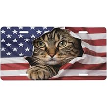 American Flag Cat Front License Plate for Women Car Vanity Plates Decorative Aluminum Metal Cute Novelty License Plate Cover for Men 6x12 Inch 4 Holes