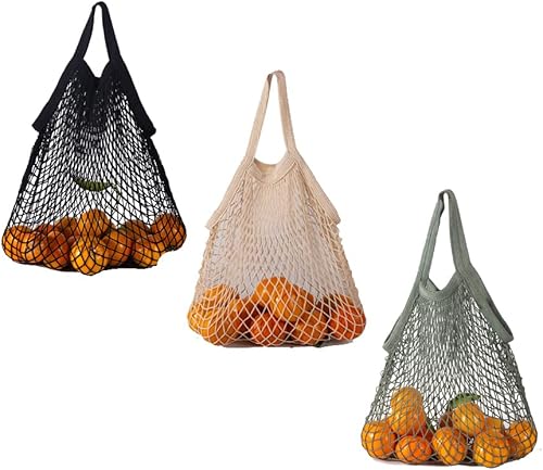 Futchoy 3 bolsas de malla de algodón reutilizables ecológicas bolsas de mercado de agricultores para frutas y verduras organizador de compras de