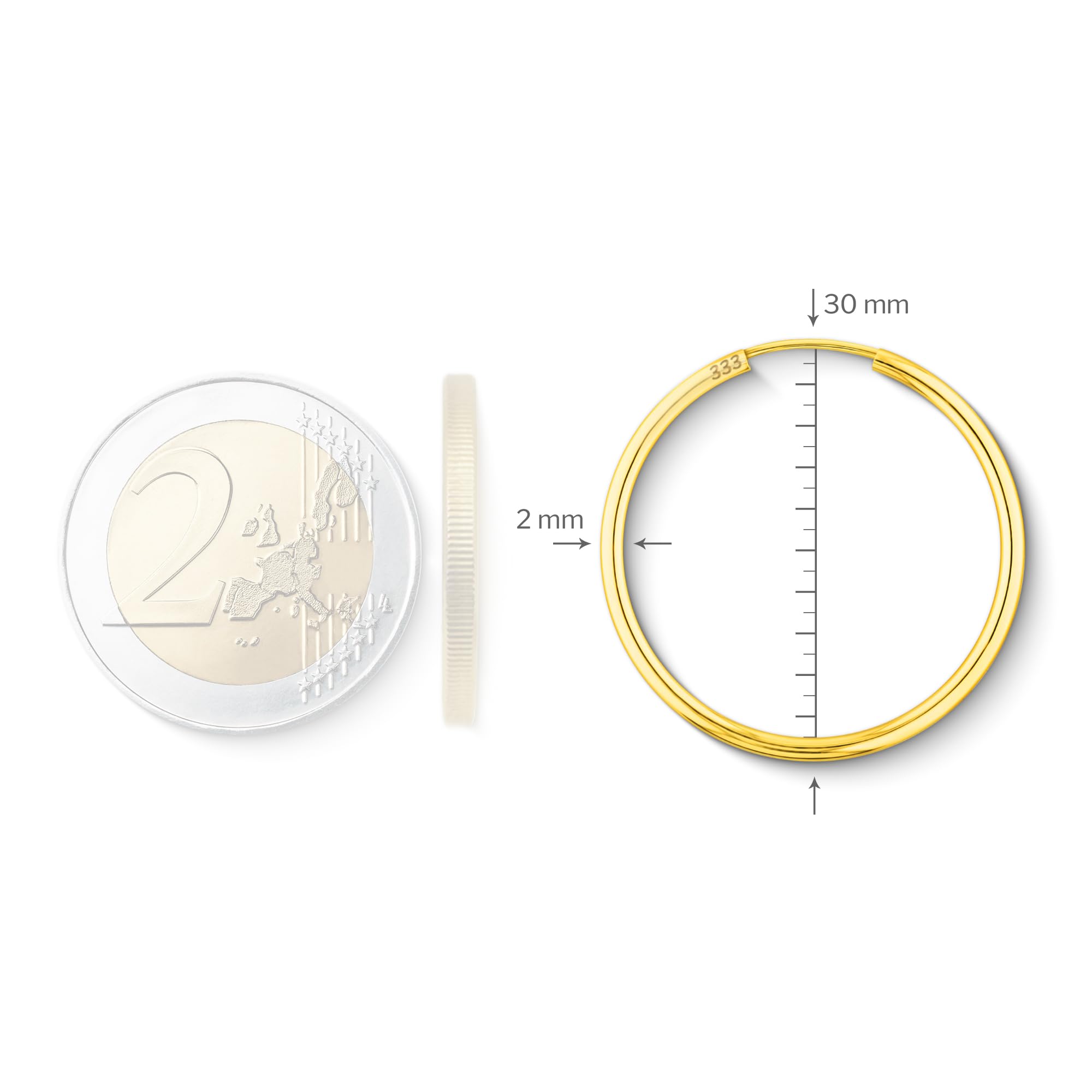 EDELIND Orecchini a cerchio 30 mm 18 K 14 K 9 K 8 K Oro giallo Orecchini da donna, 2 mm di larghezza Orecchini Donna con confezione regalo