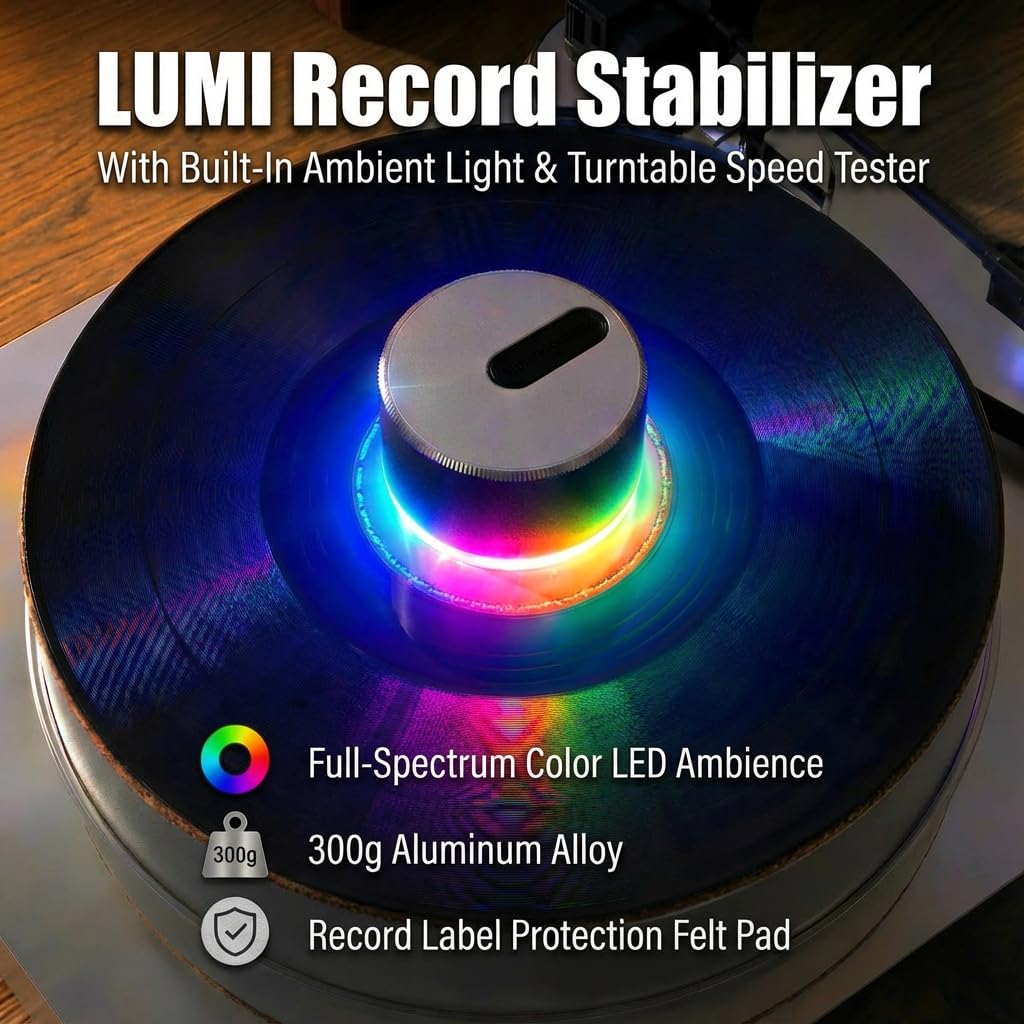 HumminGuru LUMI Plattengewicht Stabilisator und Plattenspieler Geschwindigkeitstester | 33/45/78 RPM Stroboskopscheibe und Licht | 300g Aluminium Gewichtsklammer | 9 LED Farbambienteleuchte Auto-Aus