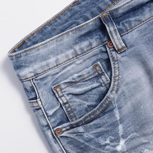 Men’s Casual Jeans Mild Waist Fashionable Monkey Wash Ripped Whiskers Slim Fit Stretchable Denim Pants4