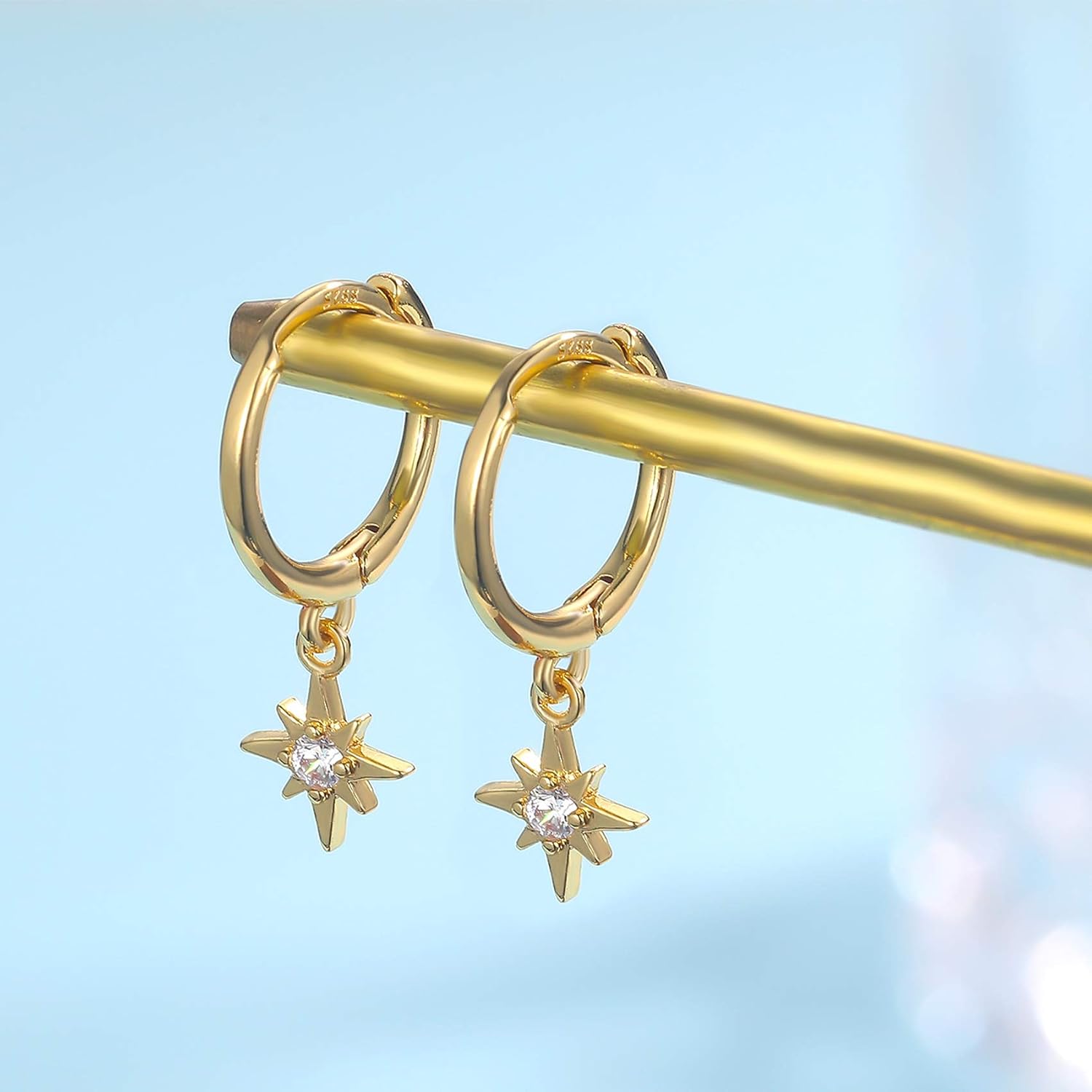 14K Gold Plated Dangle Hoop Earrings, Sterling Silver Post Drop Hoops, White - Image 4