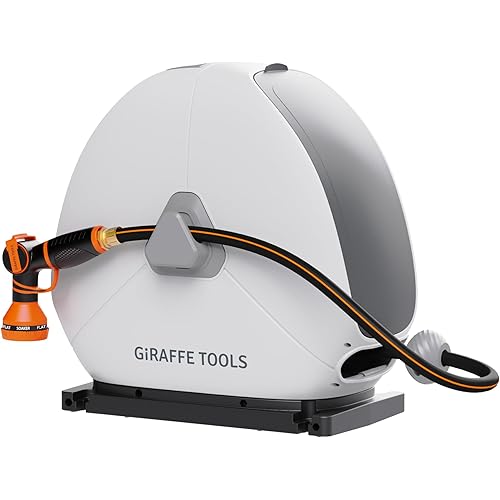 Giraffe Tools Ground Mounted Retractable Hose Reel 1/2 Inch x 82FT, Heavy Duty Automatic Rewind Garden Hose Reel, with Flexible Swivel Base for Lawn, Concrete Floor