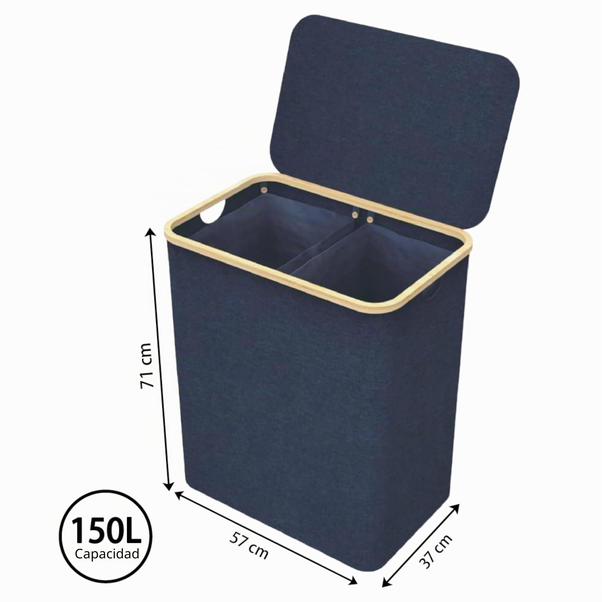 Cesto de Ropa Sucia de Bambú con Tapa y Asas - 1 o 2 Departamentos-Plegable,Bolsa Interior Lavable Máquina-Solución Elegante y Práctica para la Lavandería cubo 150L (Tela 2 Departamento Azul Marino)