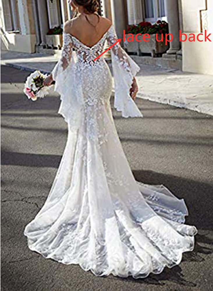 Snow Lotus Vestido de novia de encaje para mujer con hombros descubiertos, estilo sirena, mangas largas, 36