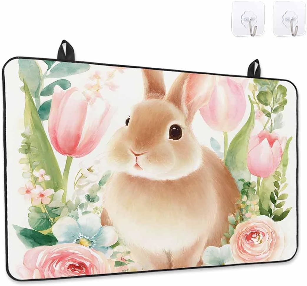 Easter Rabbit Stove Cover for Electric Stove, Watercolor Bunny Pink Roses Floral Leaf Stove Top Cover for Glass Top, Heat Insulation Rubber Mat Foldable Cooktop Top Protector, 36"x21"