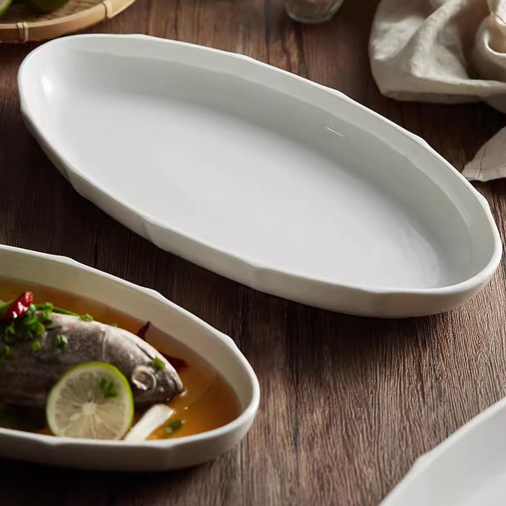 Dizada Set Di 3 Vassoi Rettangolari In Porcellana Bianca 40,6x22,9 Cm Con Manici - Perfetti Per Antipasti E Feste - 3