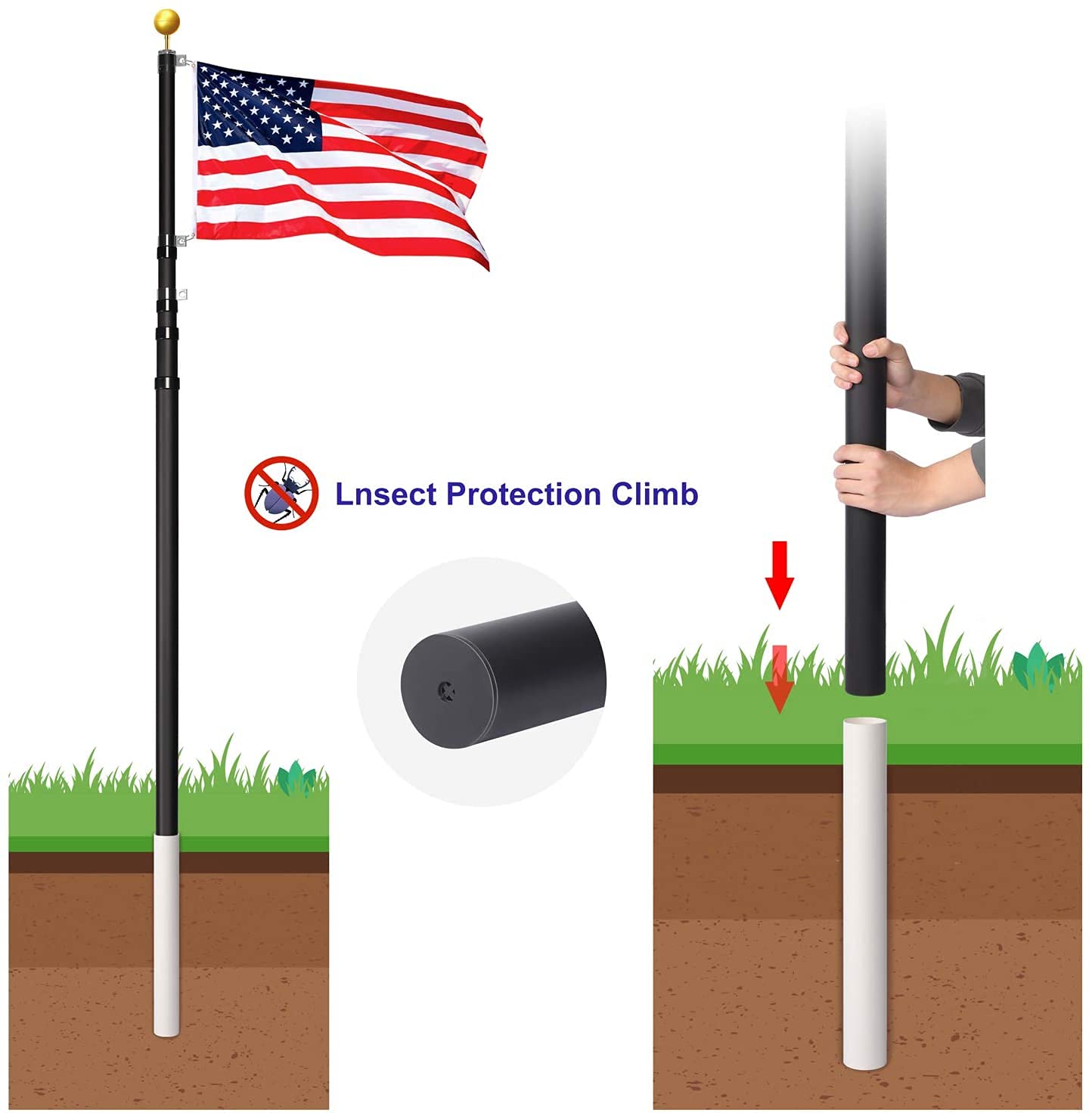 WinisKi Flag Pole 20ft Black Extra Thick, Outdoor Telescoping Heavy