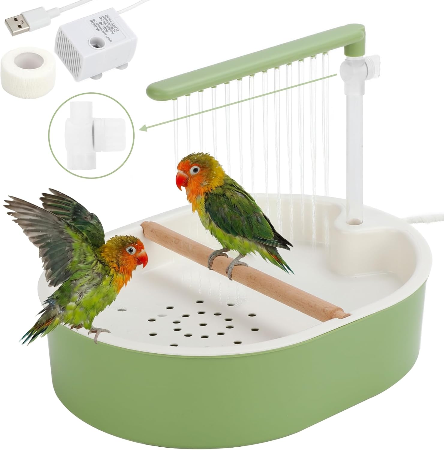 Parrot Shower for Cage, Automatic Parakeet Bird Bath with Circulating Water, USB Charging Quiet Pump Detachable Bathtub, for Small & Medium Birds Budgie, Cockatiel, Lovebird, Conure, Parrotlet, Quaker