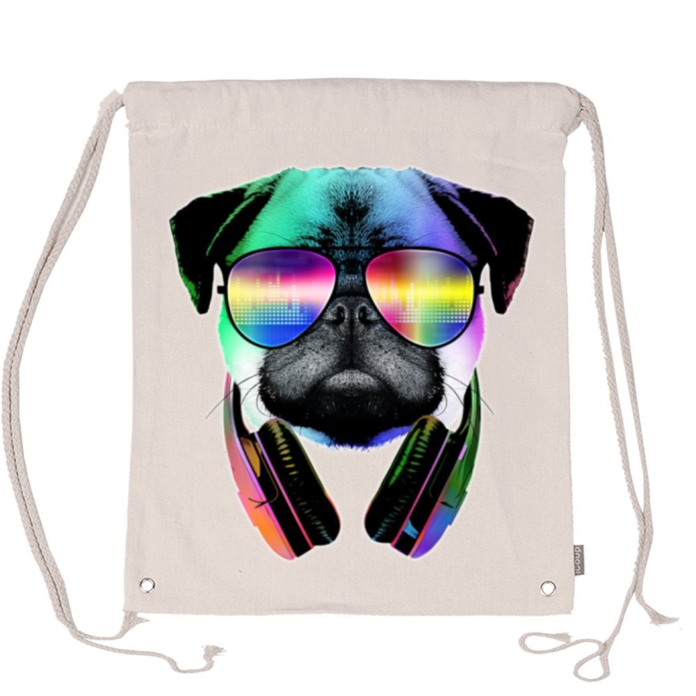 Aliensee Velocitee DJ Pug Dog Colourful Neon Festival Music Unisex Cotton Drawstring Backpack Gym Sackpack