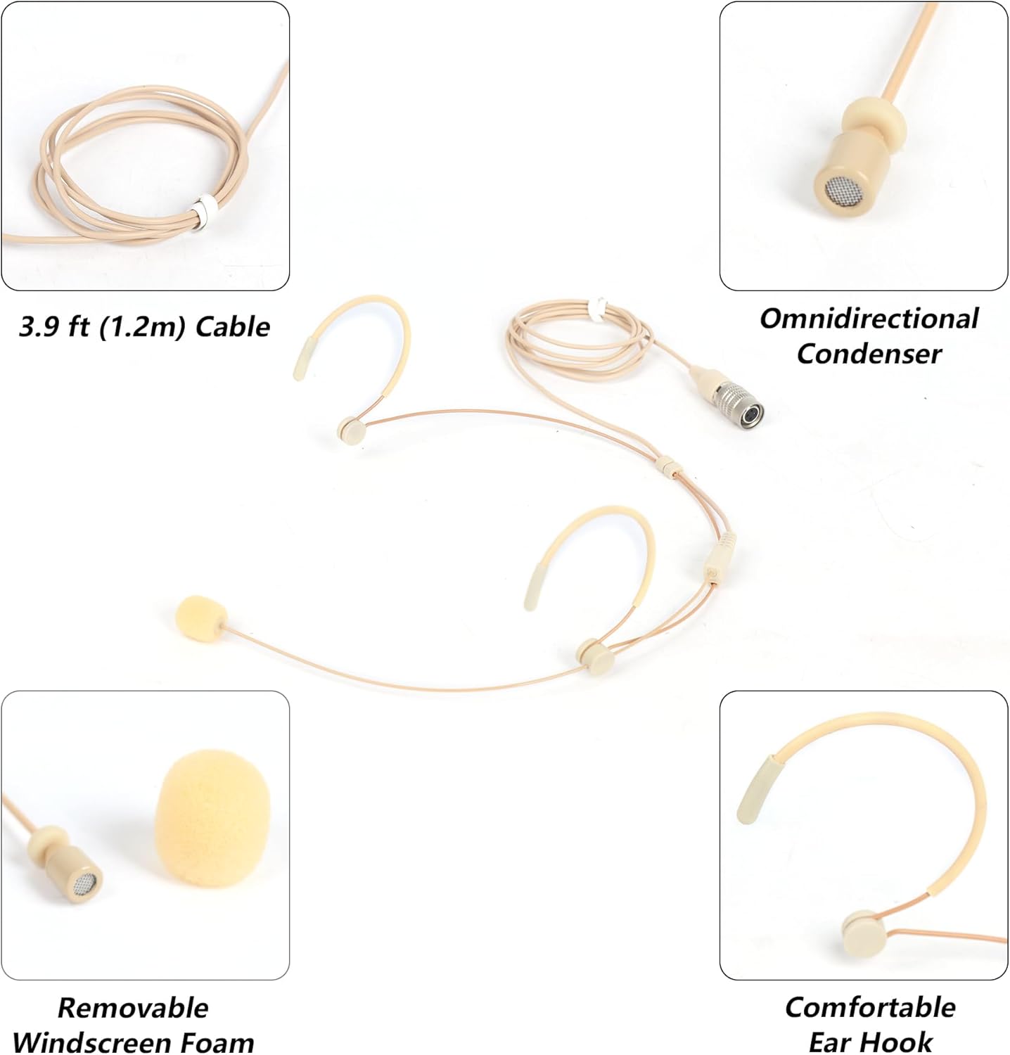 Headworn/Headset Microphone Wired, Dual Over-Ear Headset Mic, Condenser Headset Mic Compatible with Audio Technica Microphone Wireless Systems, Ideal for Lectures, Actors, Theater - Beige