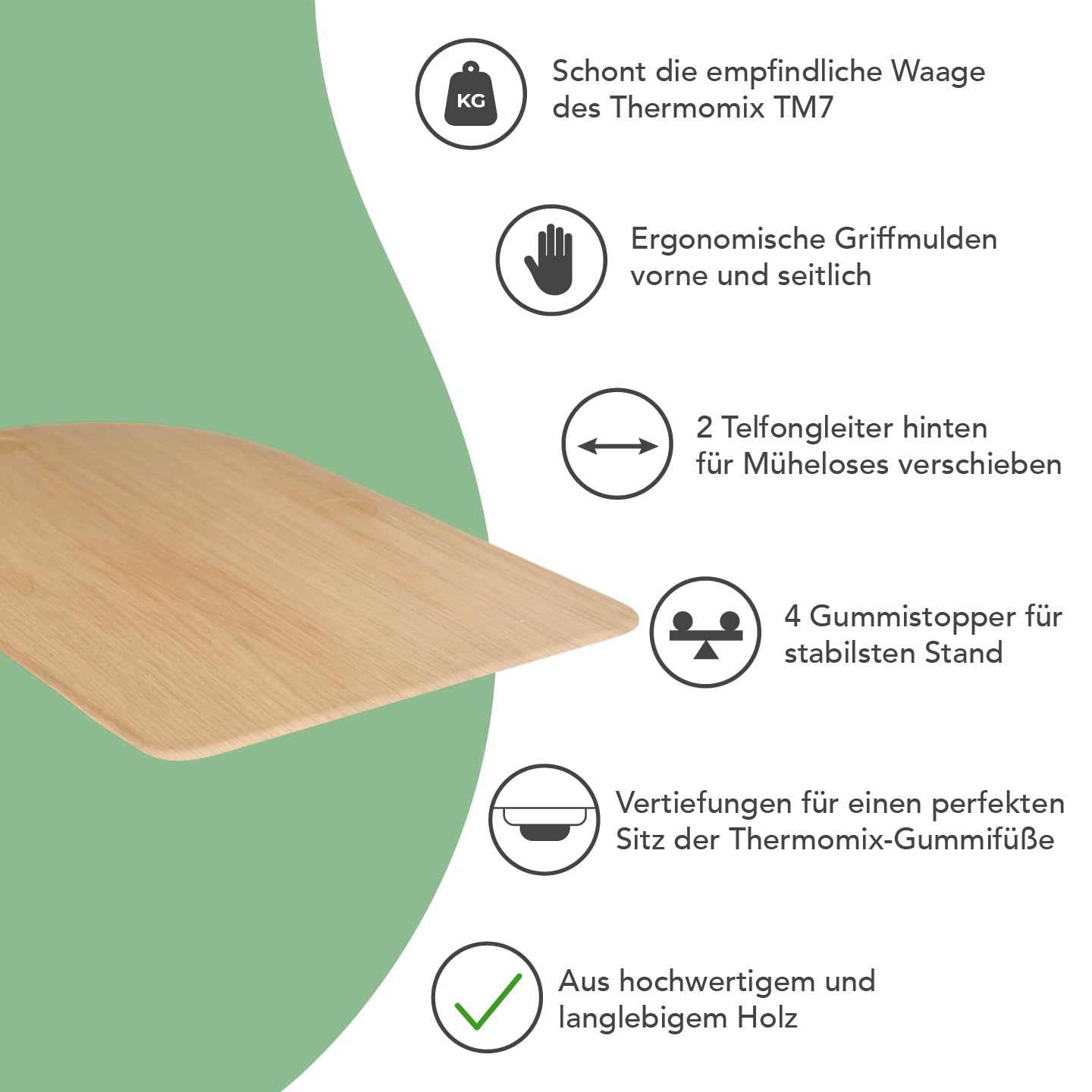 Wundermix – KitchenSlider® H | Premium Gleitbrett aus Echtholz für Thermomix TM7 • müheloses Verschieben mit Teflongleitern • standsicher dank Gummistopper • Made in Germany • Buche