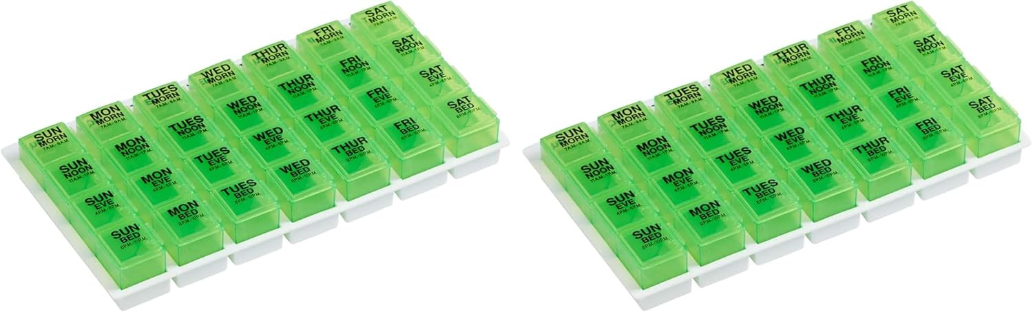 Ezy Dose Weekly (7-Day) Pill Organizer, Vitamin and Medicine Box, Large Pop-Out Compartments, 4 Times a Day, Green (Pack of 2)