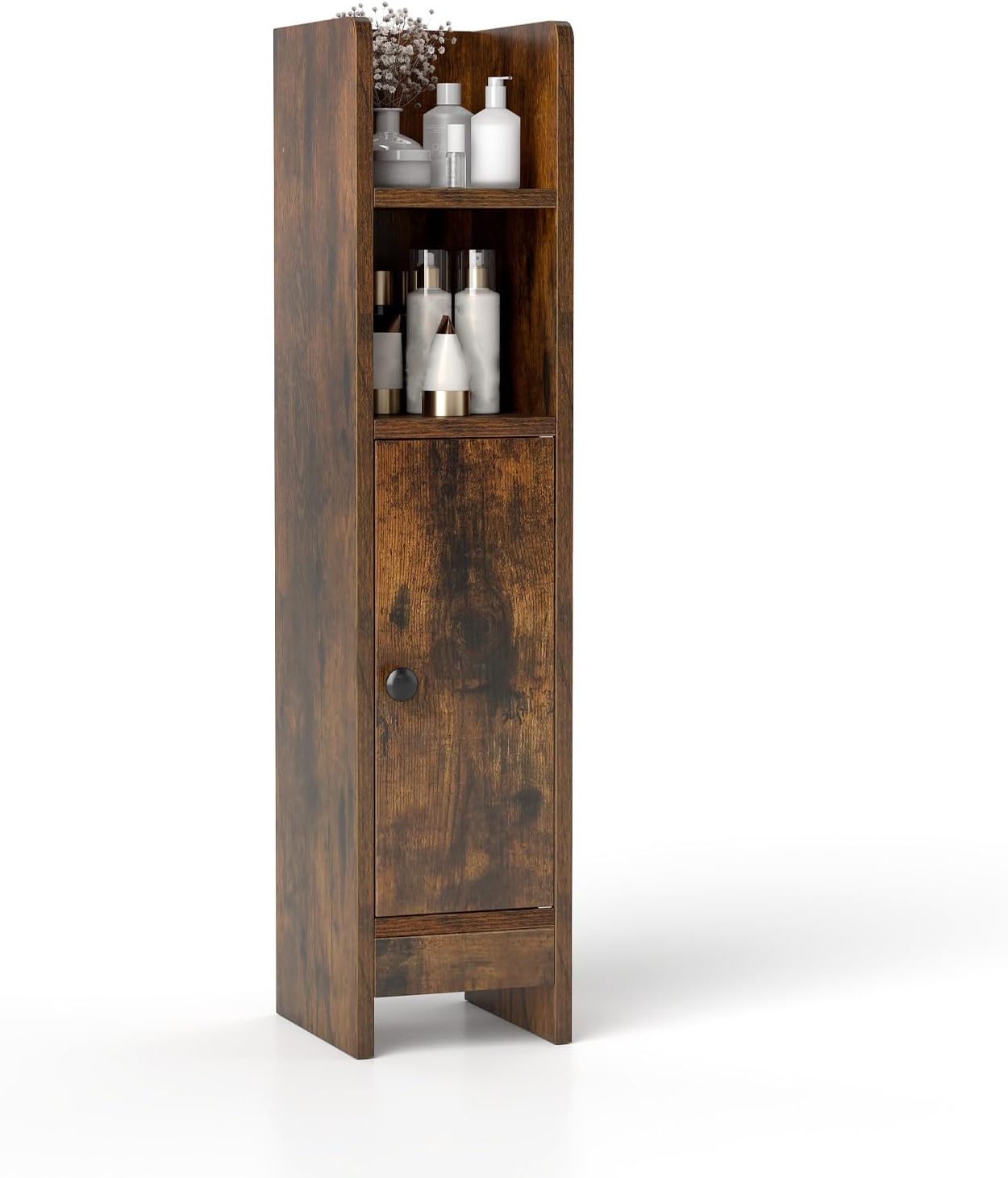 LOKO Narrow Bathroom Storage Cabinet, Small Corner Floor Cabinet with 3-Level Adjustable Shelf, Slim Toilet Paper Holder Stand for Small Spaces, Laundry & Kitchen (Rustic Brown)