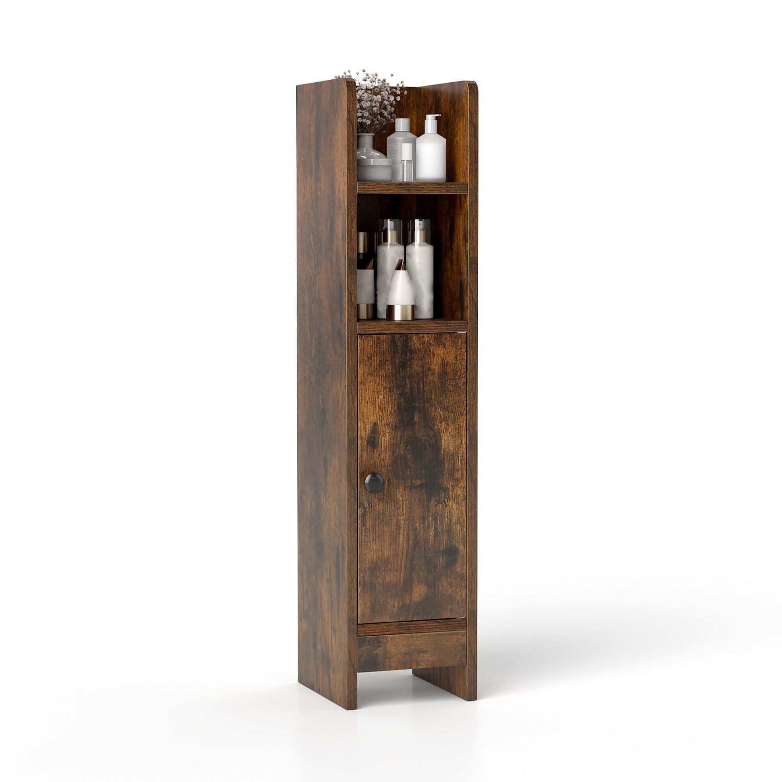 COSTWAY Meuble de Salle de Bain, Armoire d'angle pour Papier Toilette avec Porte et Étagère Réglable, Meuble de Rangement Étroit avec Compartiment Ouverte, 20 x 18 x 80 cm (Marron Rustique)