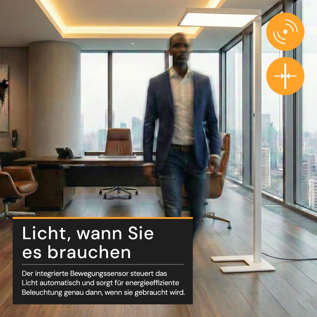 Büro Stehleuchte LED Up/Down mit Licht- & Bewegungssensor - Stehlampe in Weiß dimmbar - Deckenfluter Büro 150W 11000lm, 4000K Neutralweiß, UGR<16 blendarm, CRI 98, Touch LCD-Drehregler